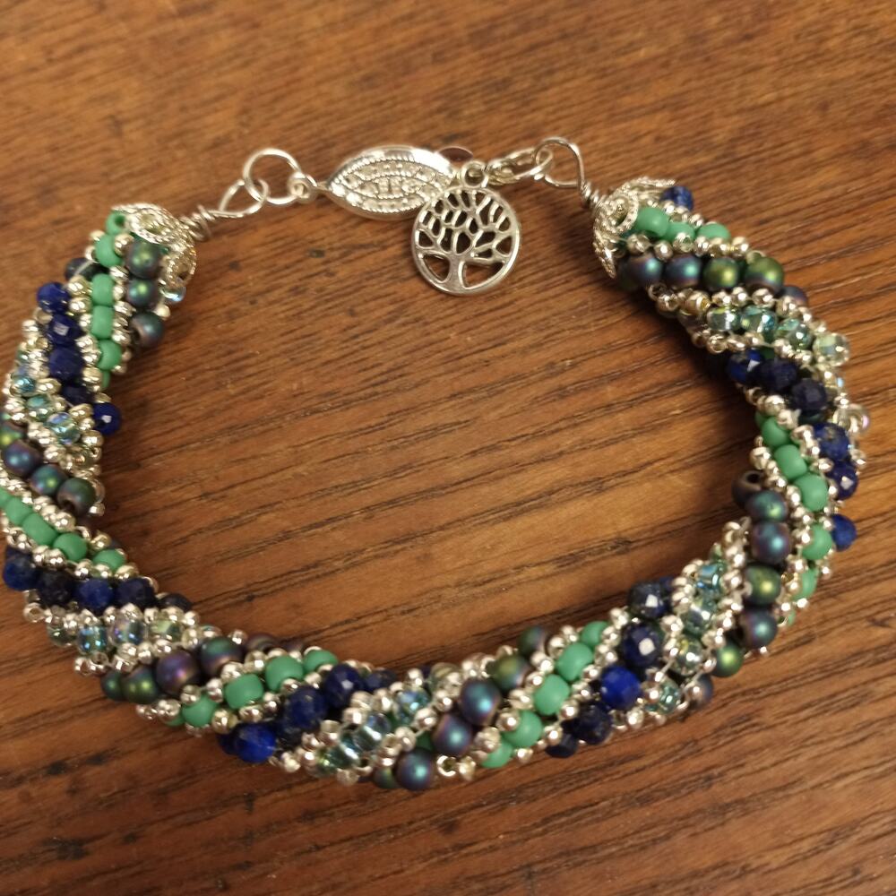 HANDMADE Russian Spiral Bracelet Lapis Hematite  7 ½"  Casual Preppy Festival